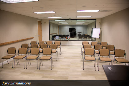 jury simulations Jury Simulation area large mirror on back wall behind 4 rows of seating